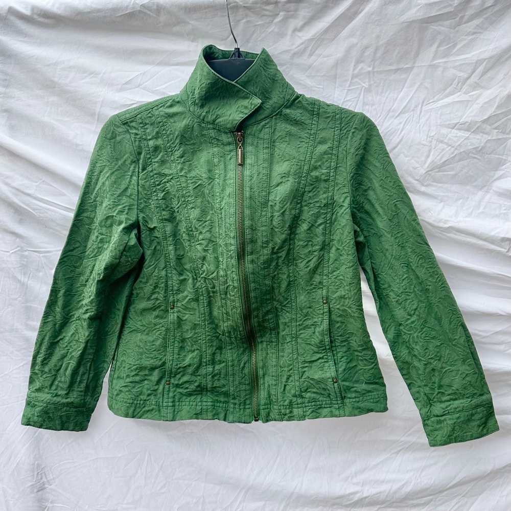 Emerald Green 100% Cotton Floral Texture Light Jacket with Pocket